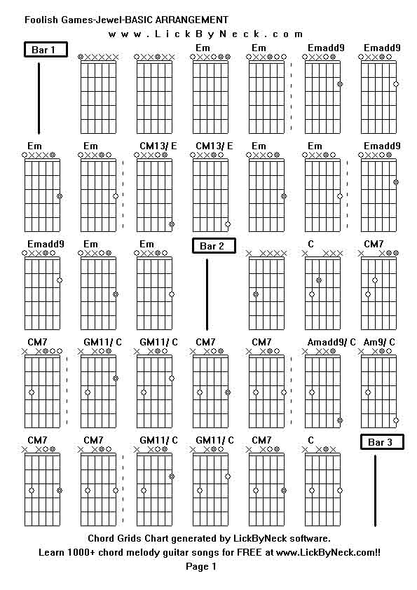 Chord Grids Chart of chord melody fingerstyle guitar song-Foolish Games-Jewel-BASIC ARRANGEMENT,generated by LickByNeck software.